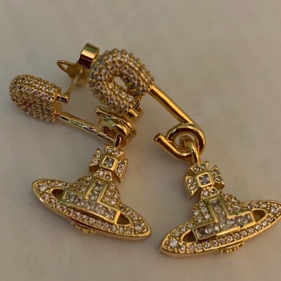 crystal Saturn orb safety pin drop earrings from Vivienne Westwood - Picture 9 of 10